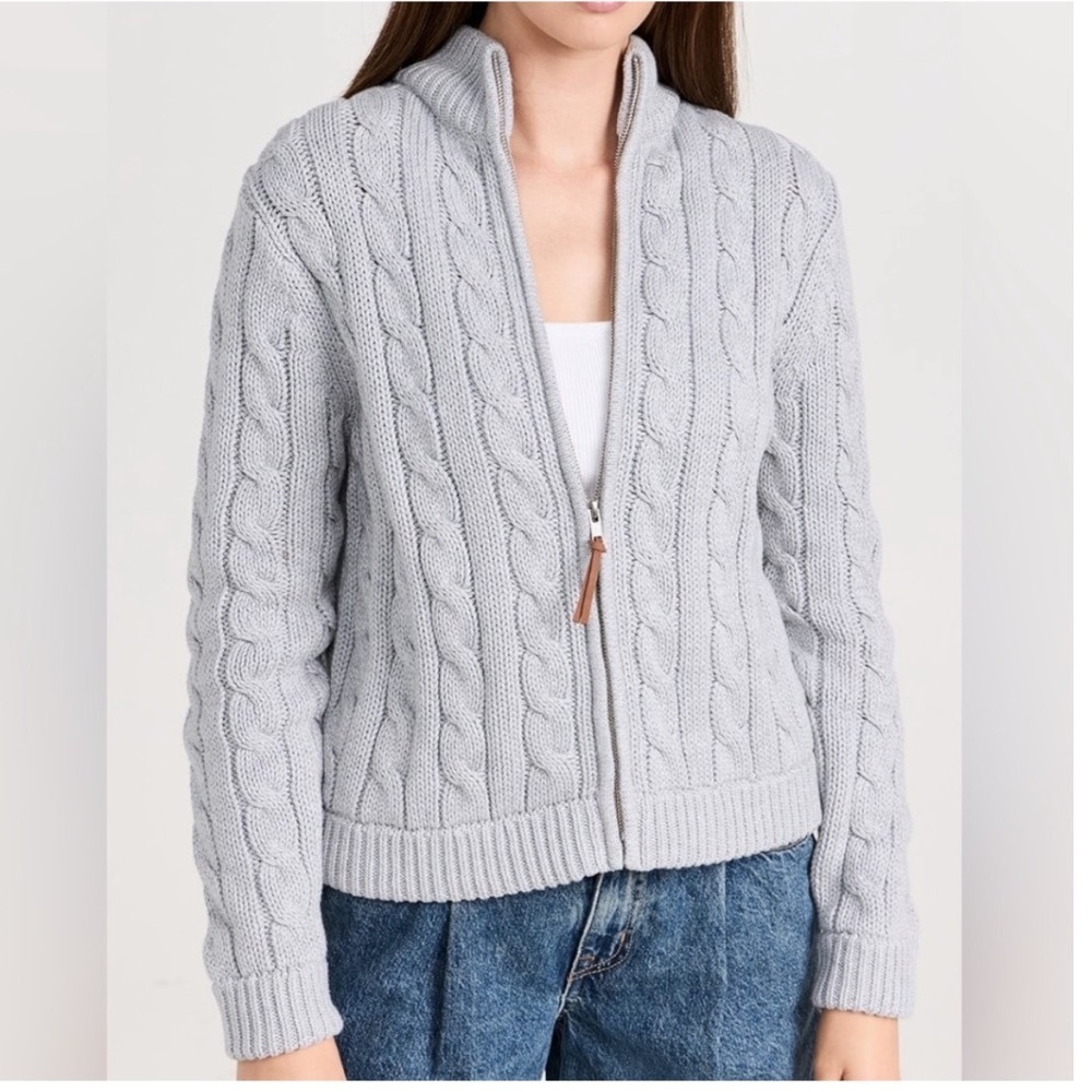 Wyeth Cable Knit Zip Cardigan Sweater Cotton Fisherman Gray Minimalist Mock Neck - Picture 2 of 11